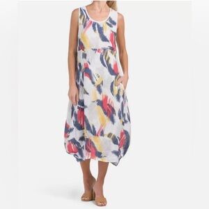 NWT ROSEMARINE Made in Italy Pure Linen Sleeveless Printed Dress with Pockets